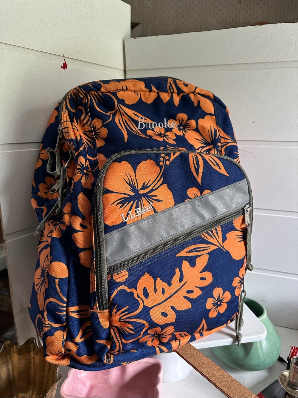 LL Bean coral & navy Polynesian nylon back pack